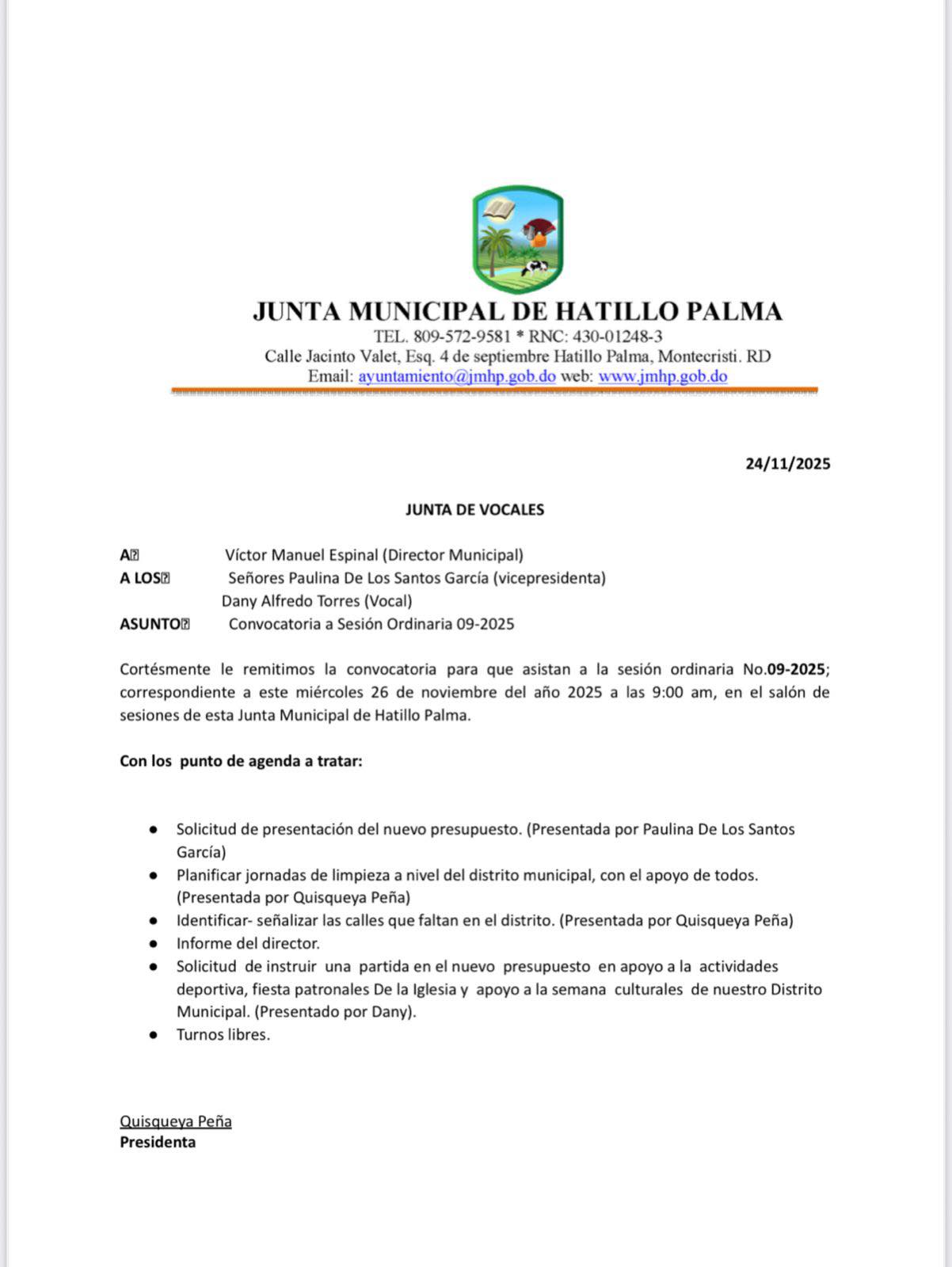 Junta Municipal de Hatillo Palma convoca a sesión ordinaria No. 09-2025